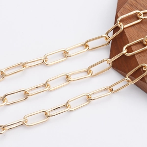 Minimalist 18K gold plated paperclip chain necklace on a wooden block background