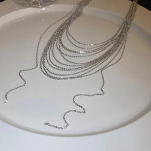 Dettaglio ravvicinato della collana d'argento multistrato su un piatto di ceramica bianca