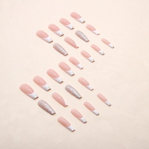 Sparkly white French tip long ballerina false nails set in minimalist aesthetic style