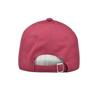 Detail view of the washed burgundy cotton baseball cap with silver metal buckle closure