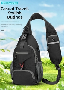 Detail of nylon waist bag showing multiple zipper pockets and shoulder strap pouch