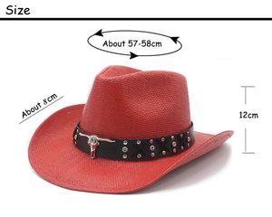 Detailed sizing chart of a red straw cowboy hat with 58cm circumference and 8cm brim