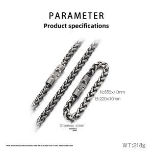 Détails d'un ensemble de bijoux en acier inoxydable avec spécifications de taille et poids