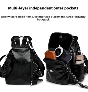Detailed views of multi-pocket black leather backpack with ample storage and zippers