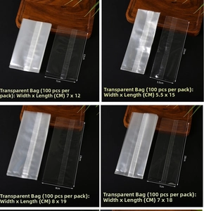 Detail showing four sizes of transparent food-grade packaging bags with sawtooth edges