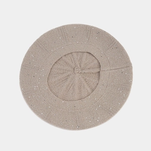 Beige sequined knit beret hat for women featuring a minimalist aesthetic and soft wool texture
