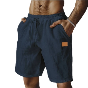 Men's navy blue cotton linen shorts with drawstring elastic waist and side pockets