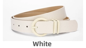 Detail of off-white PU leather thin belt with matching round buckle and holes