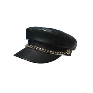 Classic black faux leather newsboy cap featuring a decorative gold chain and side buttons
