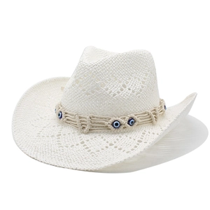 White woven cowboy straw hat featuring evil eye beads and ethnic style rolled brim