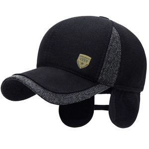 Men Winter Baseball Cap Warm Cotton Acrylic Ear Flaps Protection Adjustable Metal Badge Contrast Patchwork Sporty Casual
