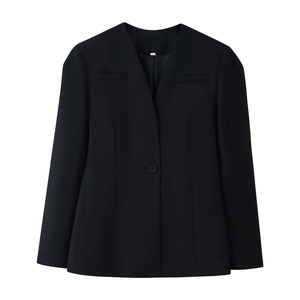 Women's chic black V-neck blazer with puffed long sleeves in a sleek professional style