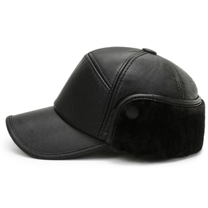 Winter faux leather baseball cap for men with warm fleece ear flaps in solid black