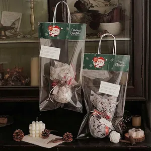 Transparent Christmas gift bag with Santa Claus print and green handles for holiday treats