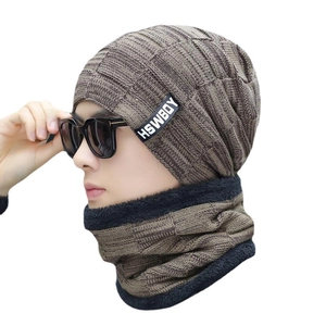 Men winter knitted beanie and neck warmer set with thick fleece lining in brown and black