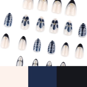 Minimalist vintage flower fake nails with blue butterfly and navy checkered almond designs