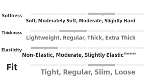 Size chart showing regular thickness, moderate softness and fit style for V-neck dress