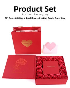 Detail view of red rose jewelry gift set with 'Everlasting Love' box and heart card