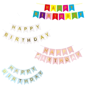 Detailed flat lay of Happy Birthday fishtail banners in rainbow, gold, and pink colorways