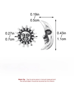 Detailed view showing dimensions and weight of sun and moon alloy stud earrings