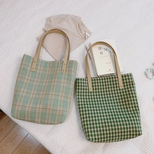 Sac cabas rétro en toile à carreaux avec poignées en cuir PU pour livres et ordinateurs