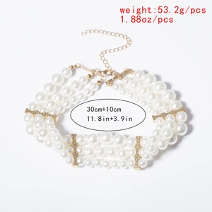 Triple-layered faux pearl necklace details with dimensions and weight measurements