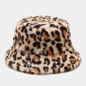 Close-up of winter leopard print bucket hat showing plush faux fur texture and warm fabric