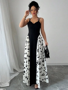 Robe Maxi Dos Nu Pour Femmes Élégante Couleur Contrastée Imprimé Fleuri Noir Blanc Robe Longue Sans Manches