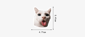 Funny white cat sticker with tongue out detail, showing precise dimensions 4.71cm x 5.41cm