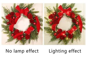 Comparison of Christmas wreath with red roses and ribbons showing lighting and no-lamp effects