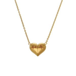 Collier avec pendentif cœur en acier inoxydable doré et ligne de battement rouge