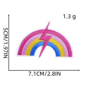 Detail view of pink rainbow embroidery patch with dimensions 7.1cm x 5cm for clothing