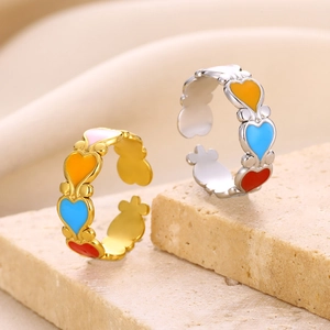Anelli aperti minimalisti in oro 18 carati e argento con cuori in smalto colorato