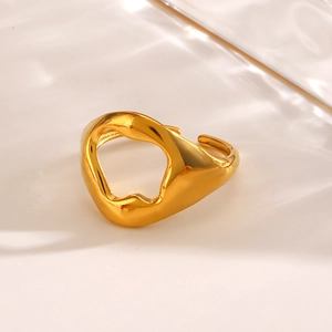 Minimalist hollow geometric gold ring with irregular wavy design and mirror finish
