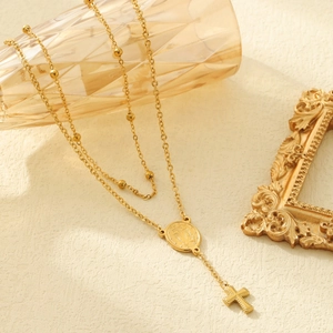 18k gold plated double layer necklace with Virgin Mary medal and cross pendant for women