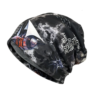 Unisex black slouchy beanie with vintage punk print and jet engine pattern design