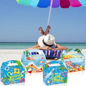 Summer beach theme gift boxes with handles and vibrant pool party designs