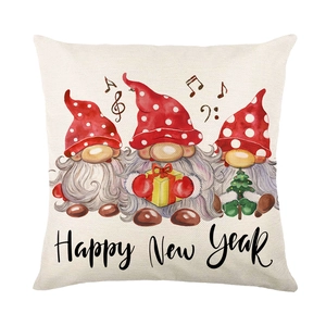 Housse de coussin en lin avec gnomes de Noël rouges et texte Happy New Year sur fond blanc
