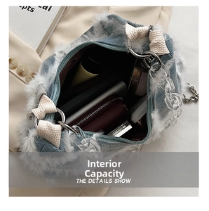 Detail of denim handbag interior capacity showing purse and makeup items