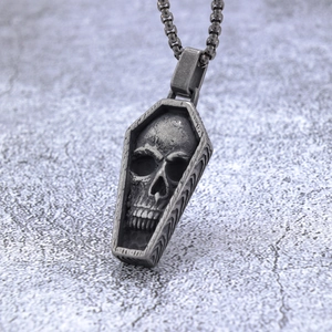 Gothic skull and coffin pendant in antique silver finish with heavy metal chain necklace