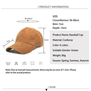 Unisex corduroy baseball cap size chart with 56-60cm head circumference measurements