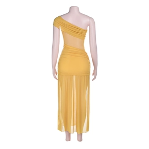 Detail view of yellow mesh dress with pleated texture on mannequin from behind