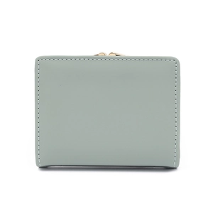 Light green short leather wallet with white stitching and metal clasp on white background