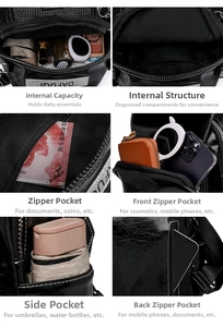 Detailed multi-pocket layout of the black rhinestone backpack showing internal storage capacity