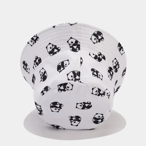 White bucket hat with all-over panda print for outdoor sun protection and casual wear
