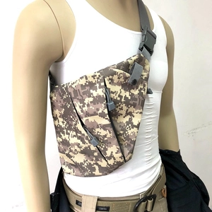 Tactical chest bag with desert digital camo pattern featuring durable buckle and strap