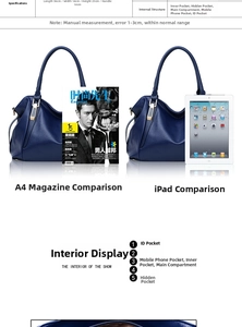 Detailed dimensions of navy blue handbag showing 36cm length and internal pocket layout