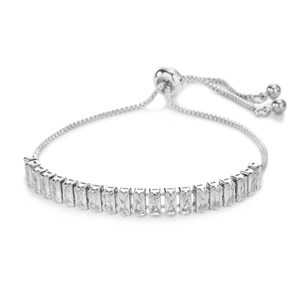 Adjustable silver slider bracelet with rectangular cubic zirconia stones on box chain
