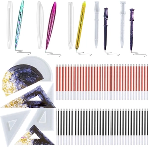 Detail view of 8 DIY resin silicone molds for pens and rulers with various color ink refills