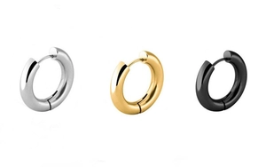 Detailed comparison of round hoop earrings in silver, gold, and black finishes